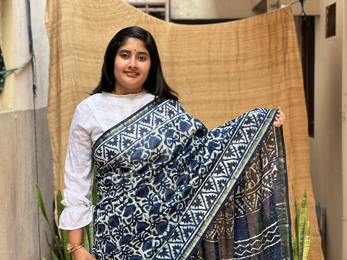Blue Chanderi Indigo Print | Honnesha Saree