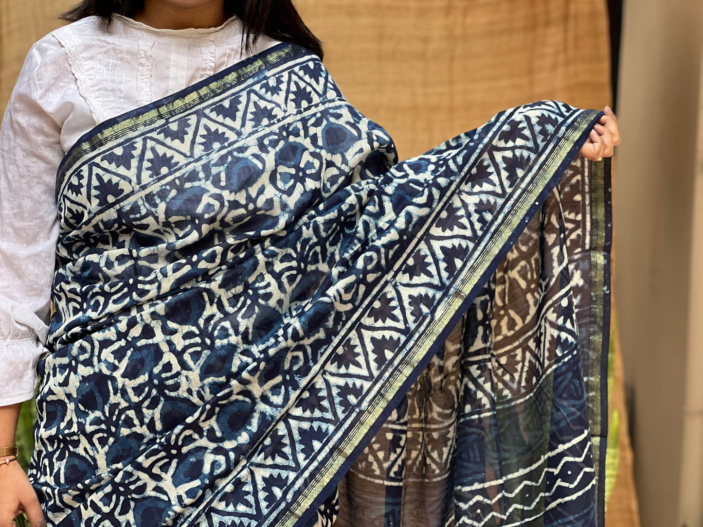 Blue Chanderi Indigo Print | Honnesha Saree