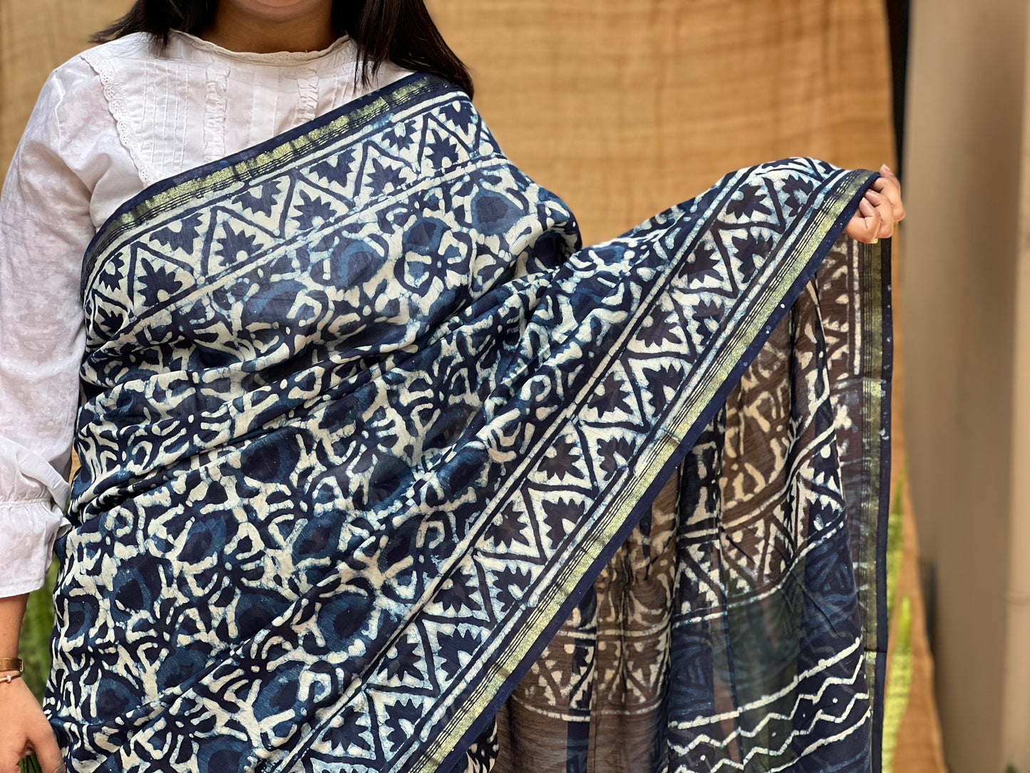 Blue Chanderi Indigo Print | Honnesha Saree