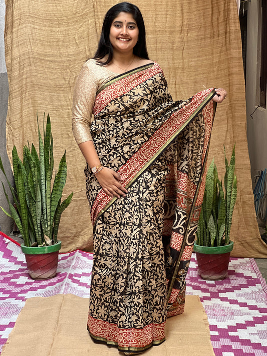 Bagru Print Chanderi Saree | Honnesha Handloom