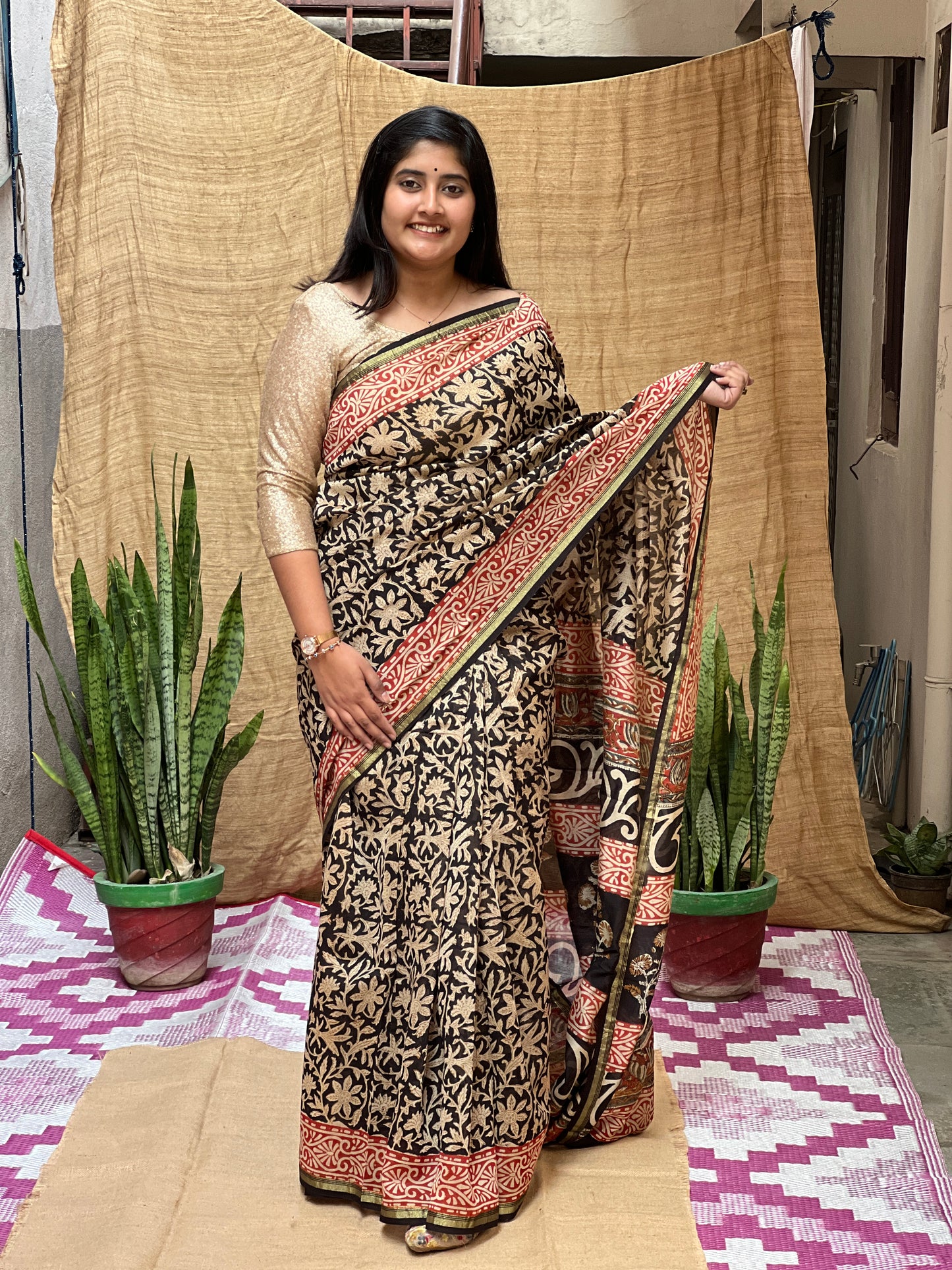Bagru Print Chanderi Saree | Honnesha Handloom