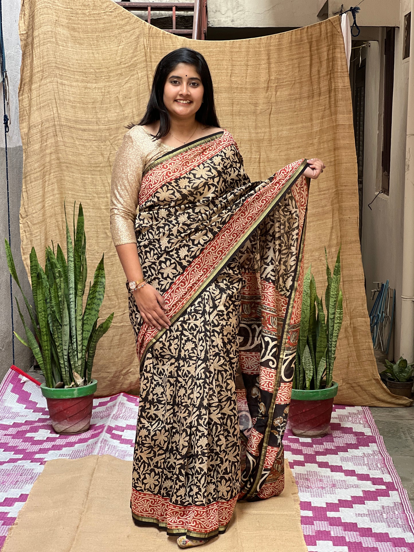 Bagru Print Chanderi Saree | Honnesha Handloom