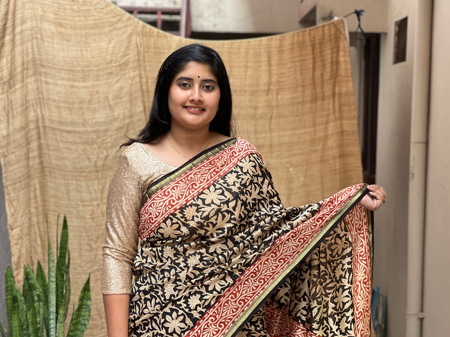 Bagru Print Chanderi Saree | Honnesha Handloom