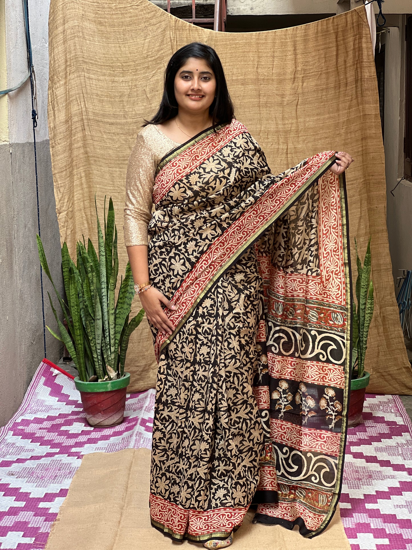 Bagru Print Chanderi Saree | Honnesha Handloom