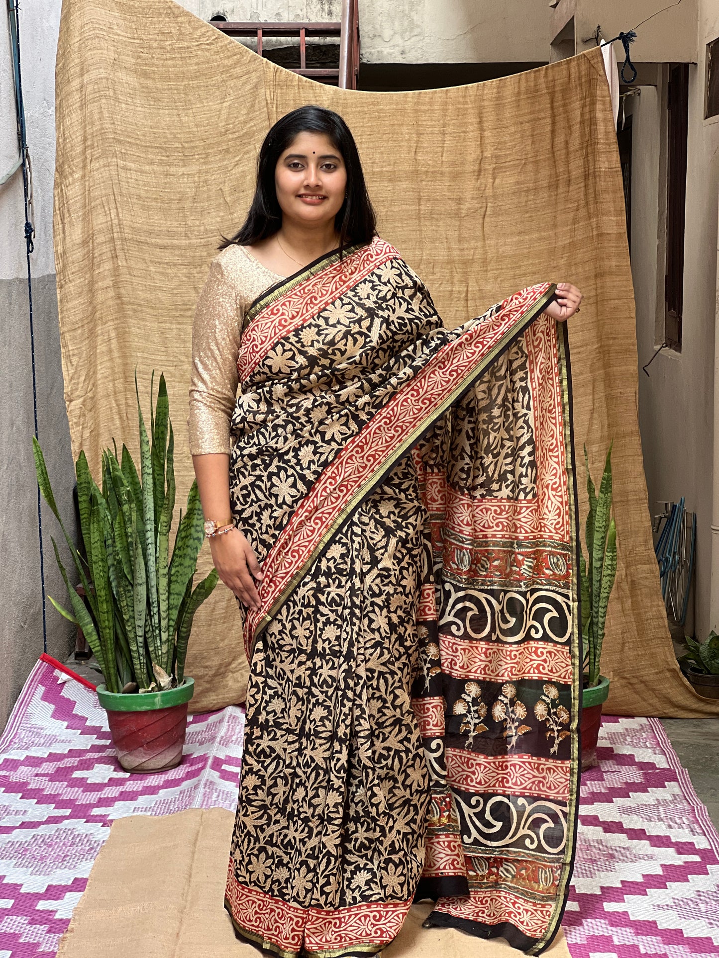 Bagru Print Chanderi Saree | Honnesha Handloom