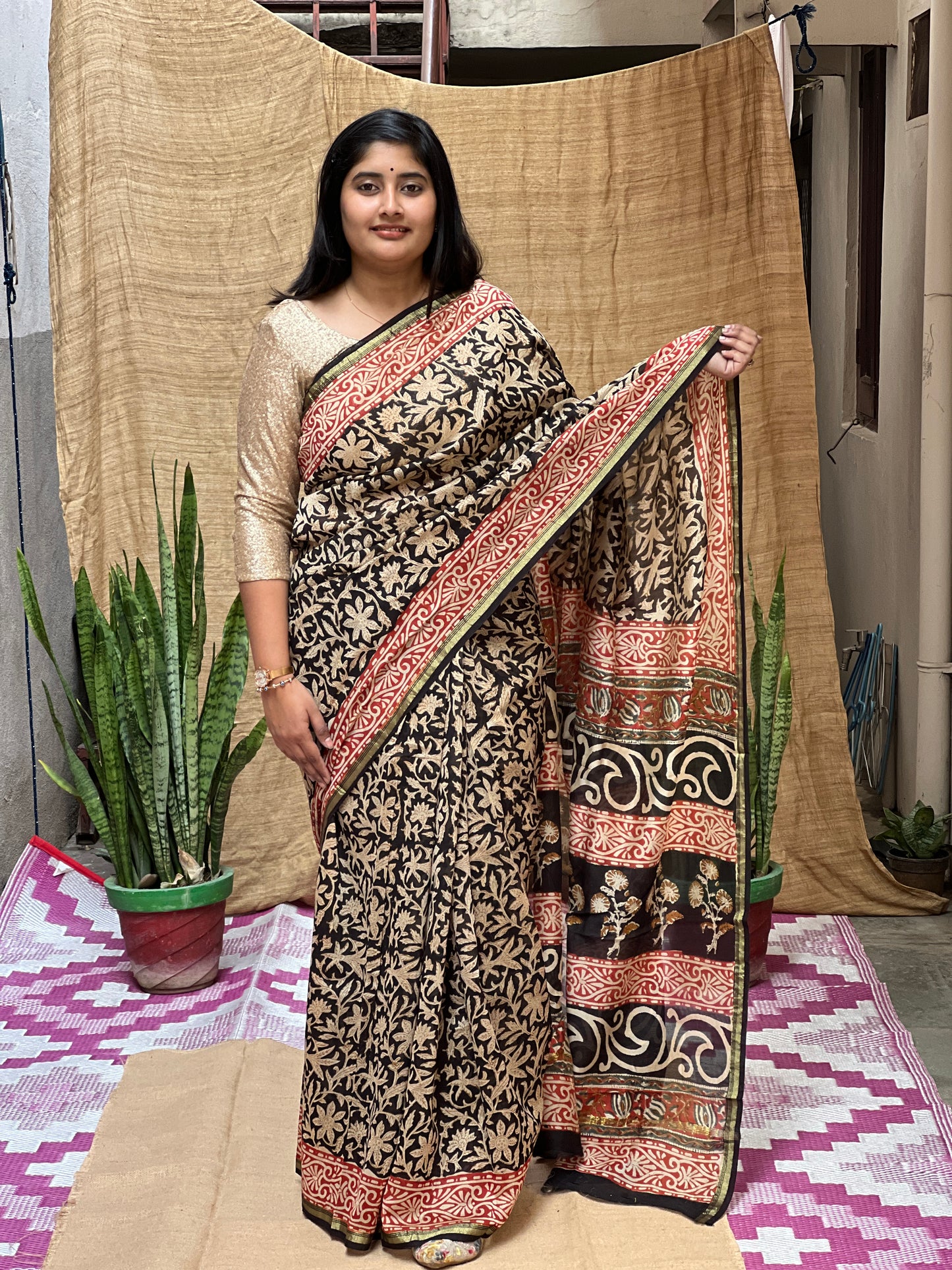 Bagru Print Chanderi Saree | Honnesha Handloom
