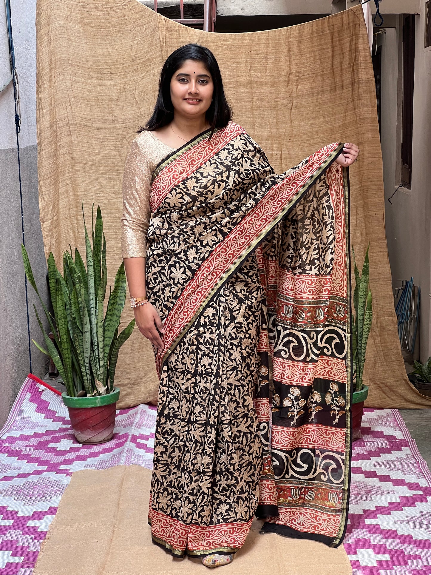 Bagru Print Chanderi Saree | Honnesha Handloom