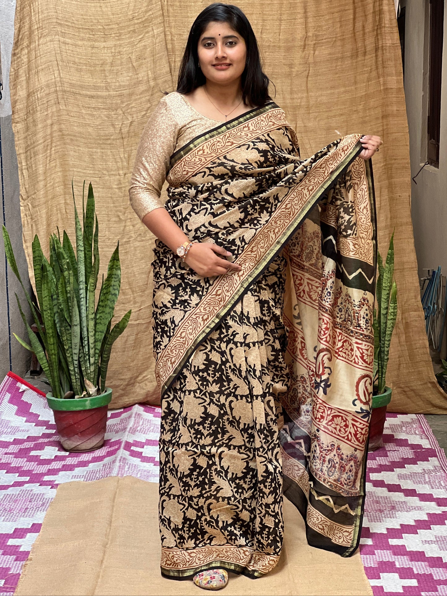Chanderi Bagru Print Red Brown Saree | Honnesha Handloom