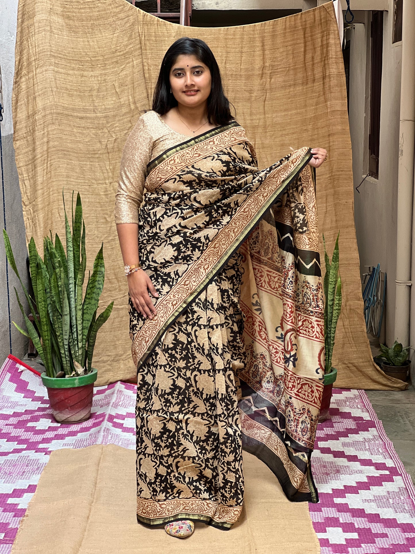 Chanderi Bagru Print Red Brown Saree | Honnesha Handloom