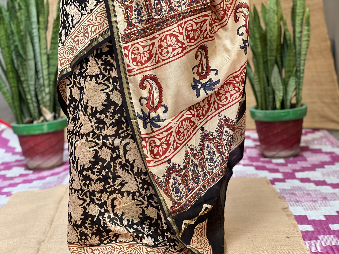 Chanderi Bagru Print Red Brown Saree | Honnesha Handloom