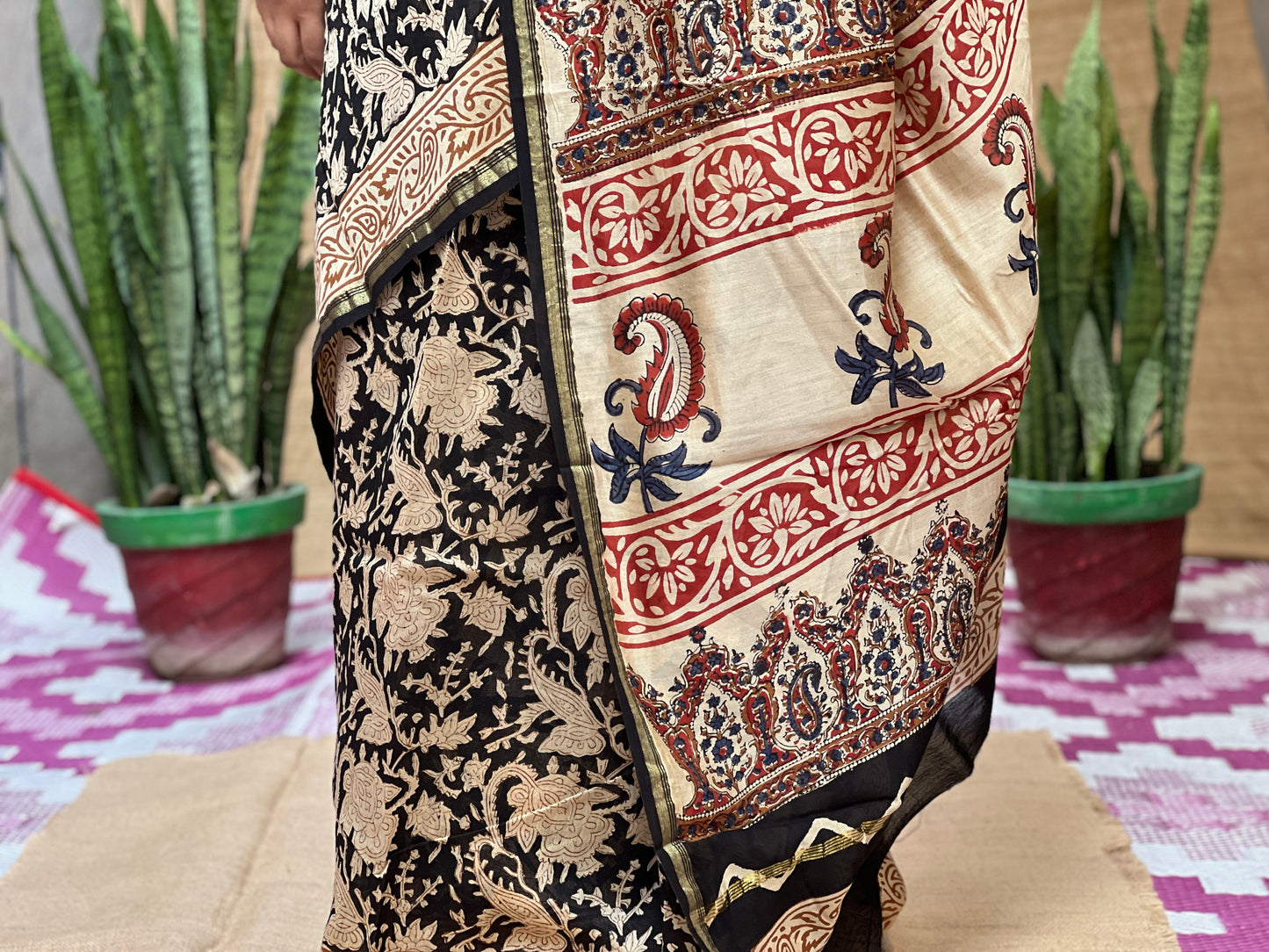 Chanderi Bagru Print Red Brown Saree | Honnesha Handloom
