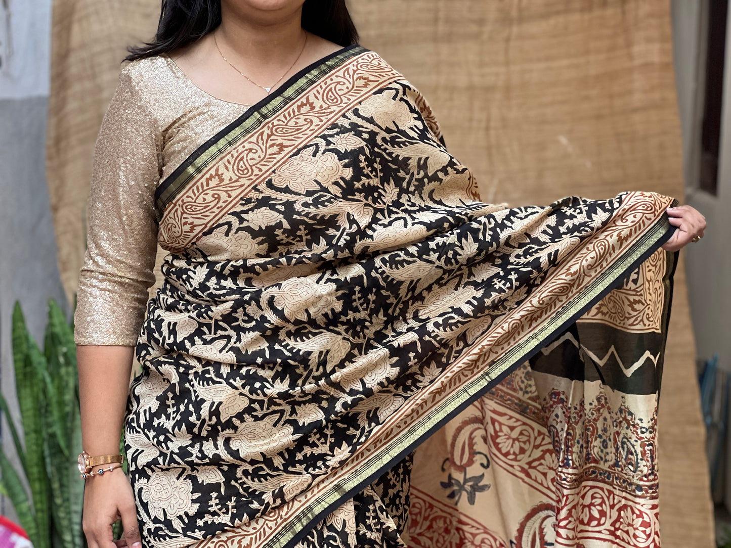 Chanderi Bagru Print Red Brown Saree | Honnesha Handloom