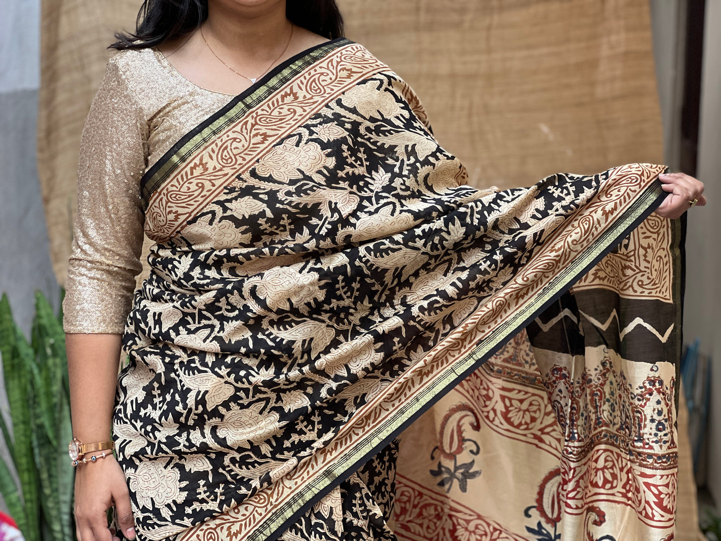 Chanderi Bagru Print Red Brown Saree | Honnesha Handloom