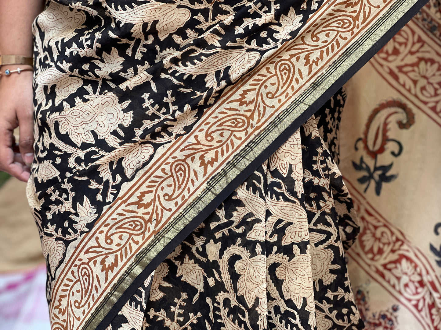 Chanderi Bagru Print Red Brown Saree | Honnesha Handloom